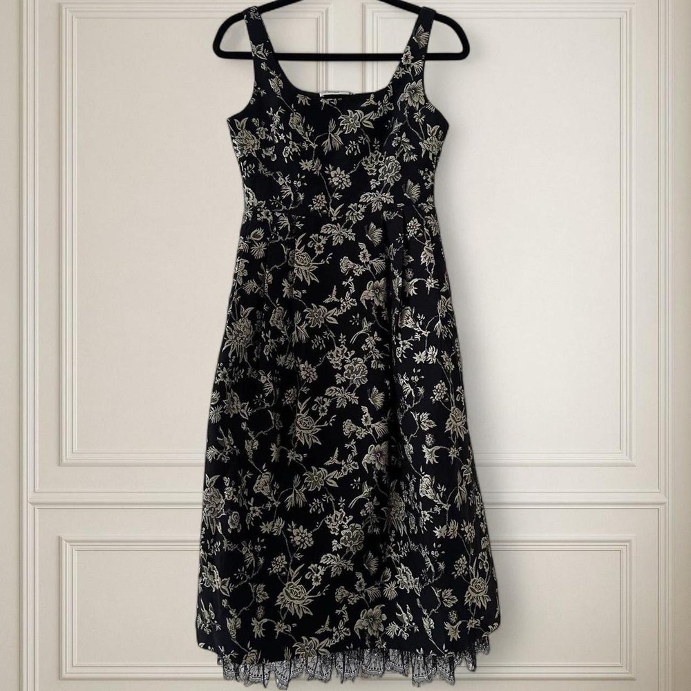 Chinese Dirn Paris Black Floral Jacquard Lace Trim Midi Dress Sleeveless Square